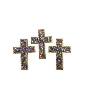 Set of 3 Jeweled Mosaic Cross Wall Art (Gold Trim, Multicolor)
